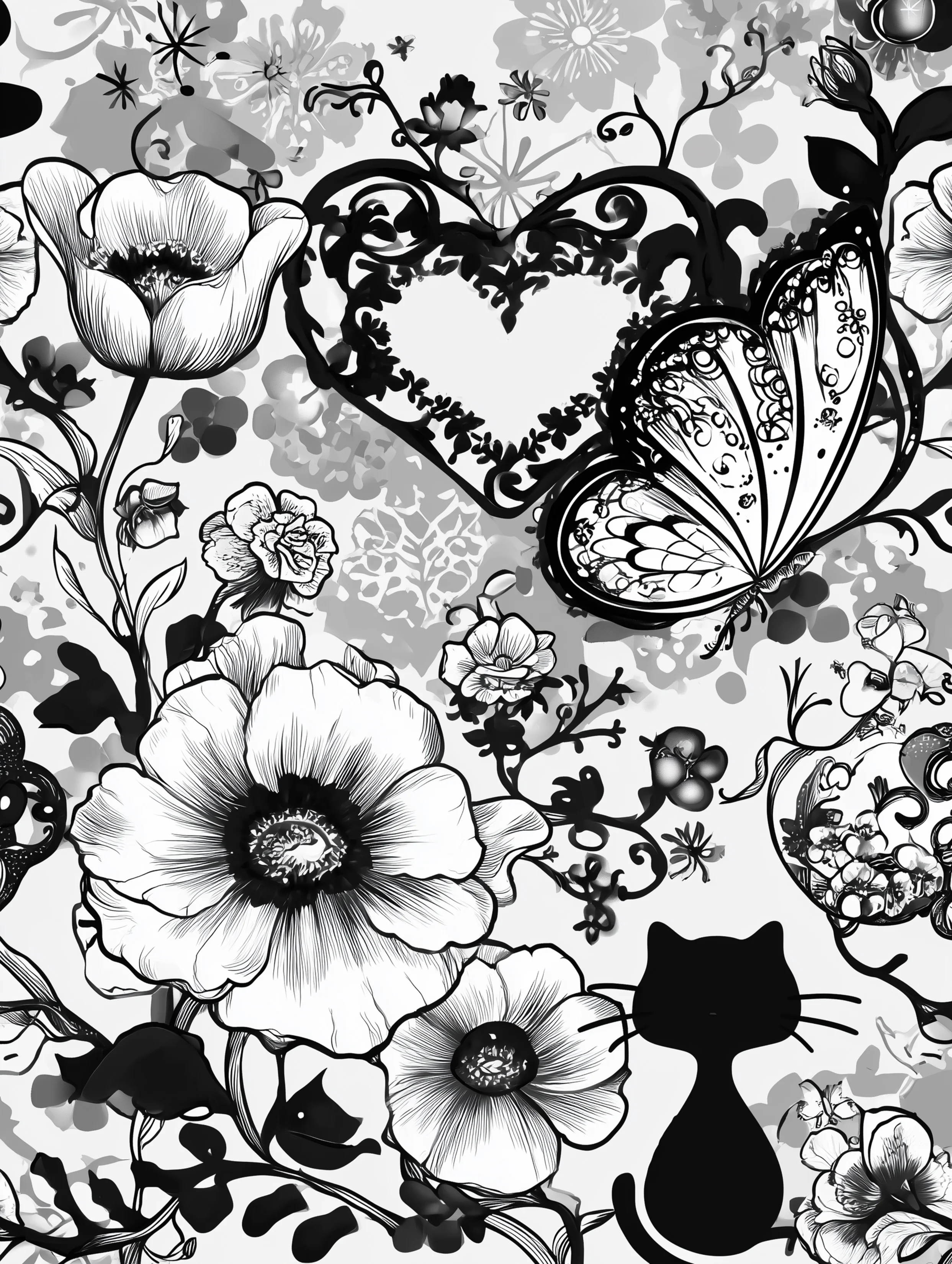 Free printable butterfly coloring page for adults featuring a black cat watching a flying butterfly